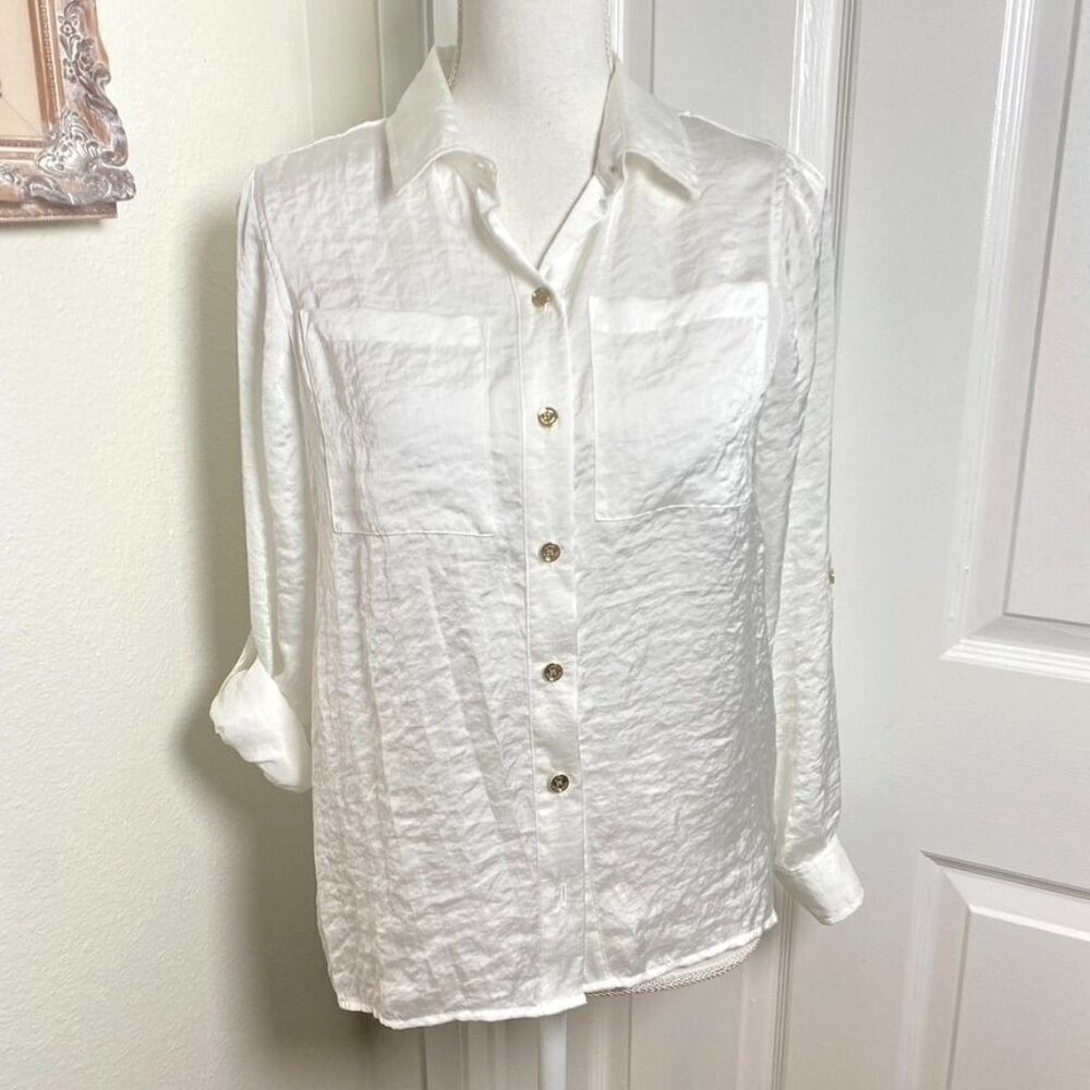 Michael Kors White Satin Finish Gold Tone Button Front Blouse Size Small Petite